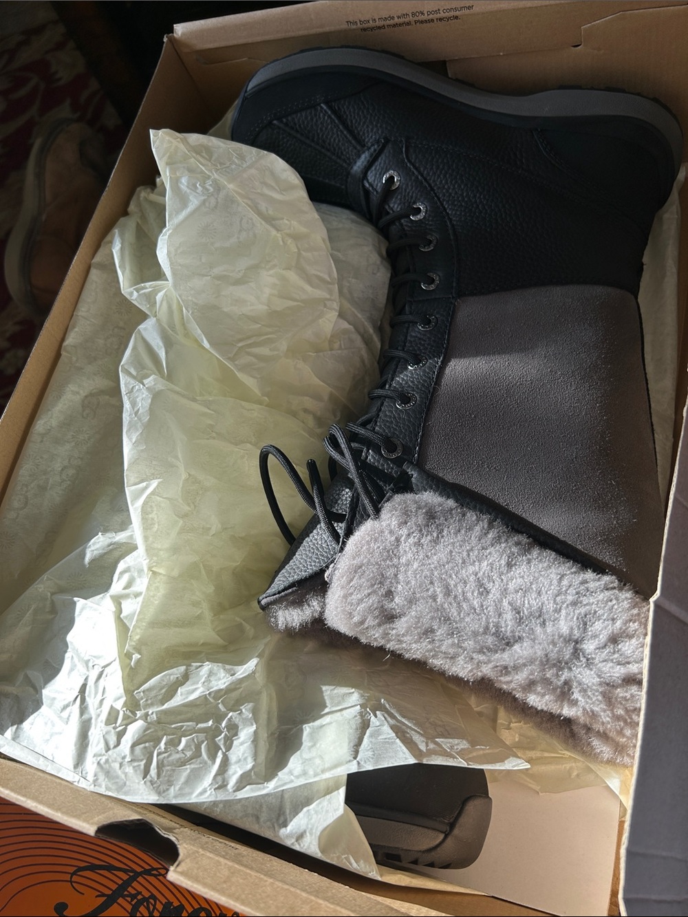 UGG Black Lace-Up Waterproof Winter Boots with Gray Faux Fur Cuff